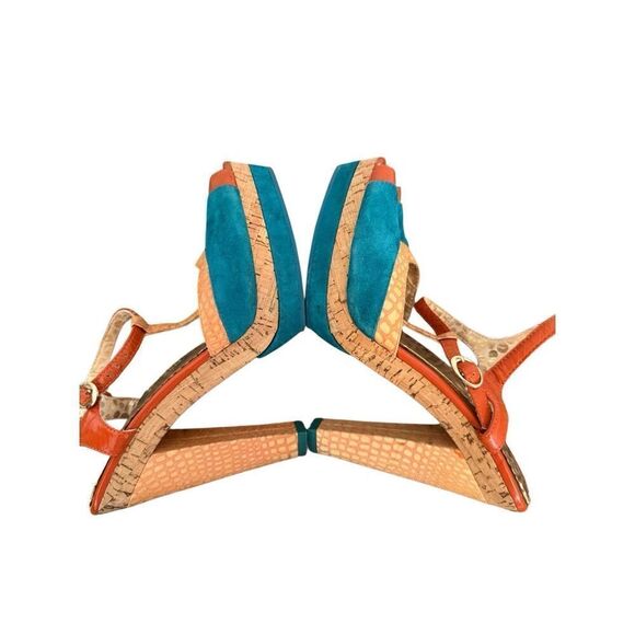 Poetic License London Orange Teal Peep Toe T-Strap Summer Fling Heels 8 - Picture 7 of 13
